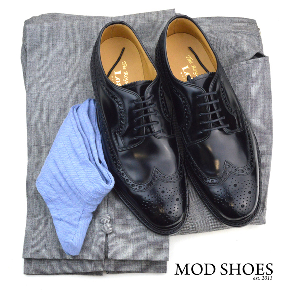 mod shoes loake black royals with prince of wales check trousers and blue socks (2)