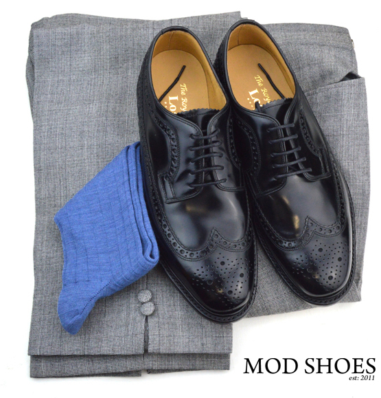 mod shoes loake black royals with prince of wales check trousers and blue socks