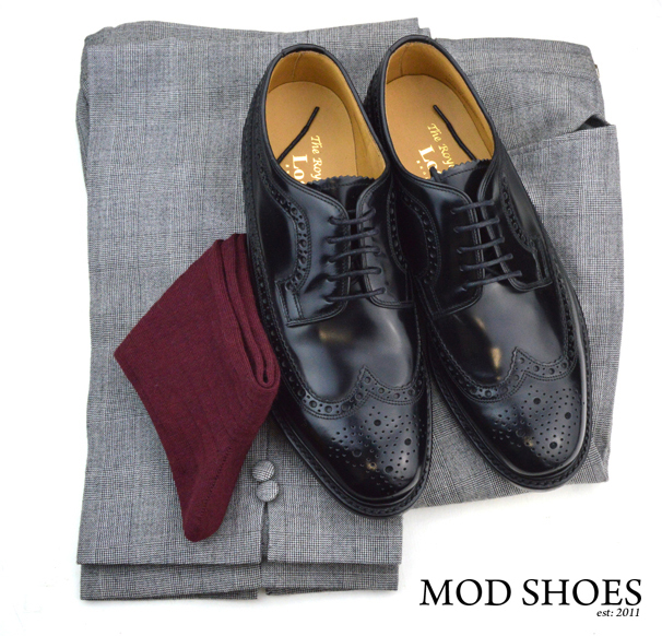 mod shoes loake black royals with prince of wales check trousers and burgundy socks 2
