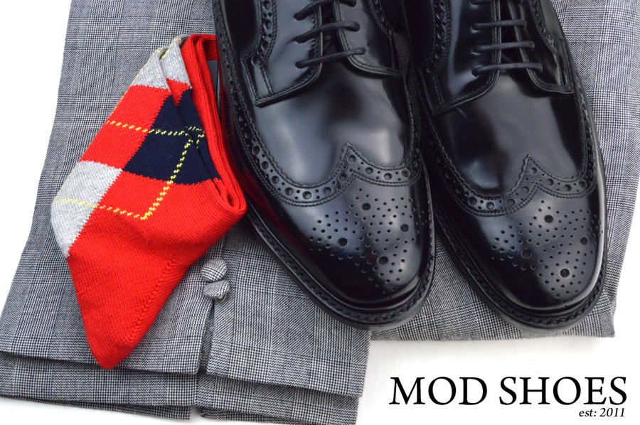 mod shoes loake black royals with prince of wales check trousers and red argyle socks
