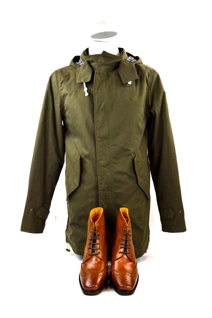 16 mod shoes tan brogue boots with green parka from gabicci