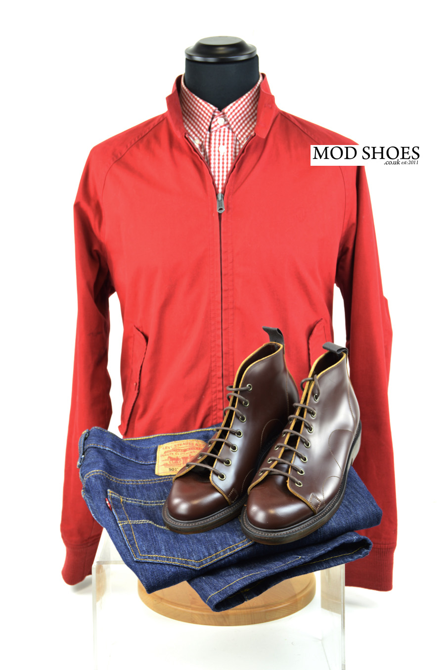 modshoes nut brown monkey boots with red harrington
