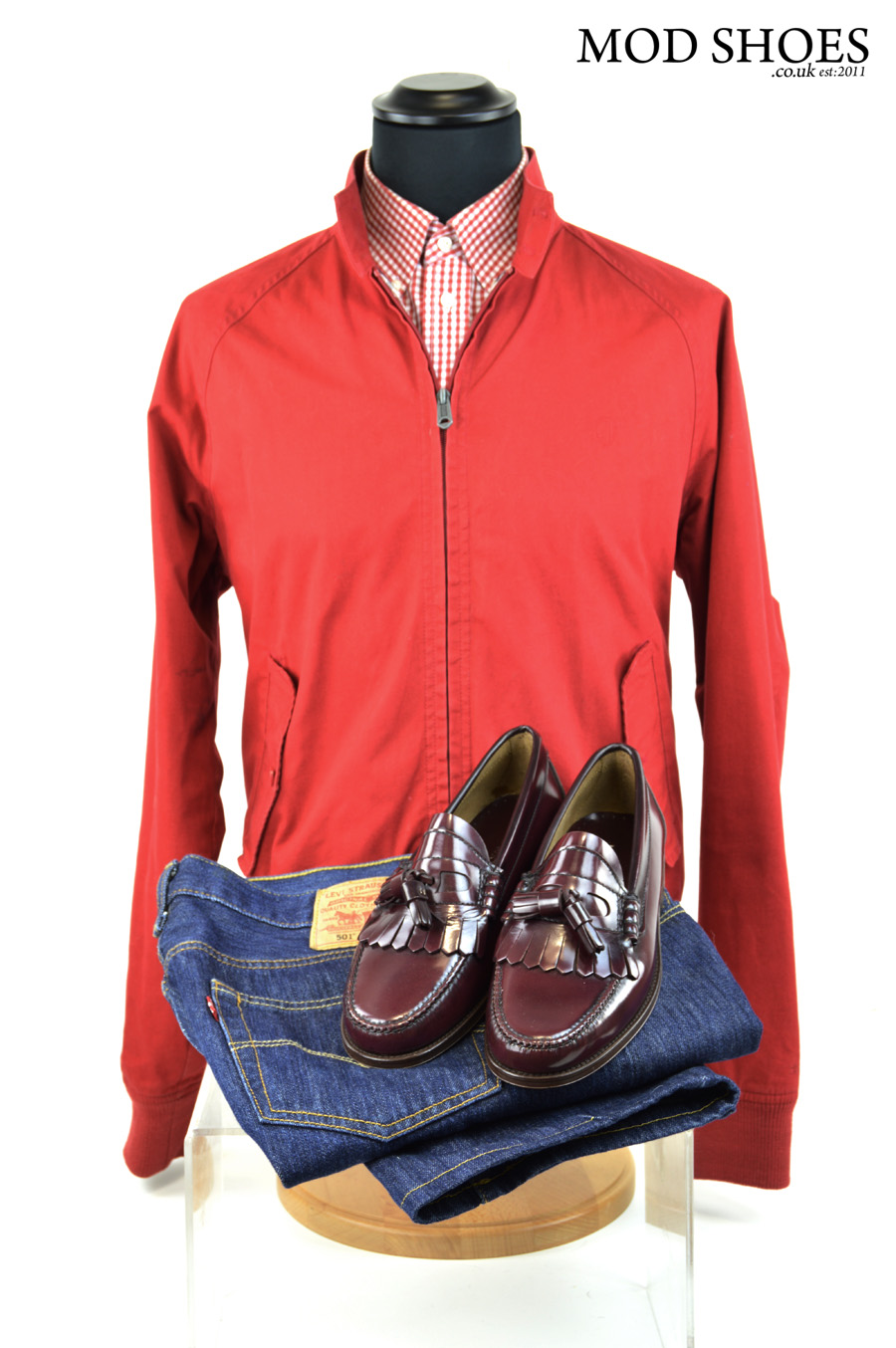 modshoes oxblood burgundy tassel loafers with jeans and harrington
