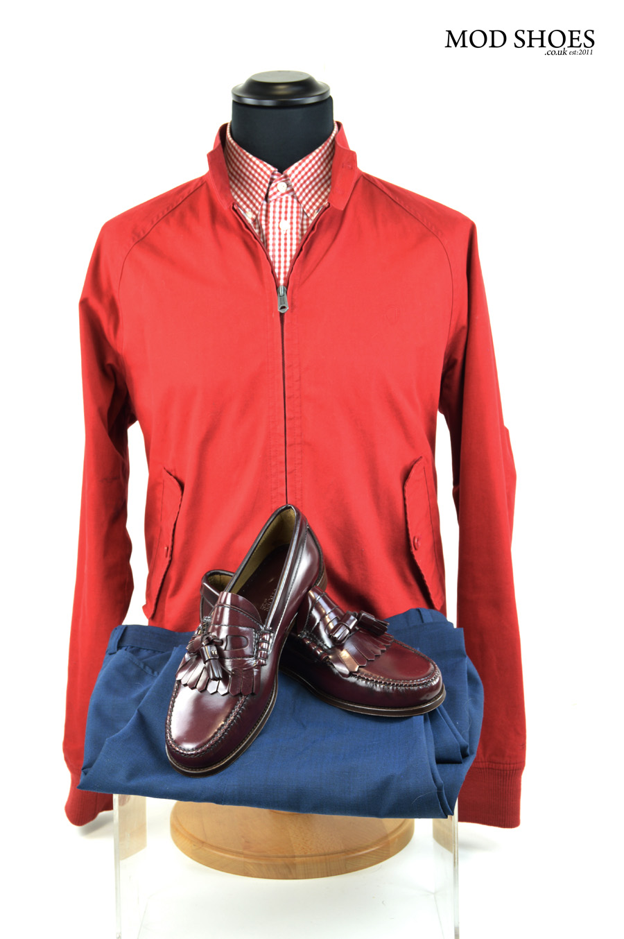 modshoes oxblood tassel loafers with red harrington