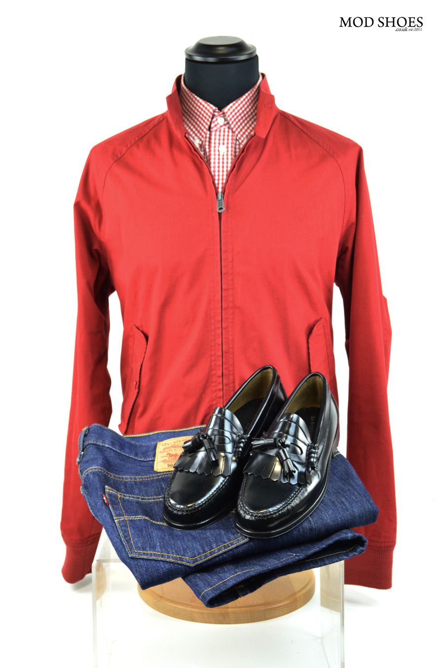 modshoes penny loafers the earls with jeans and red harrington
