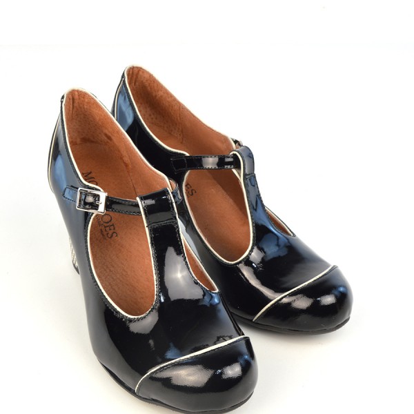 black patent t bar brogues