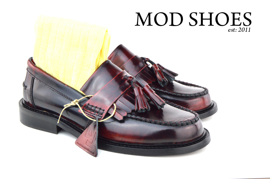 mod shoes Oxblood Tassel Loafers with Light Yellow Socks