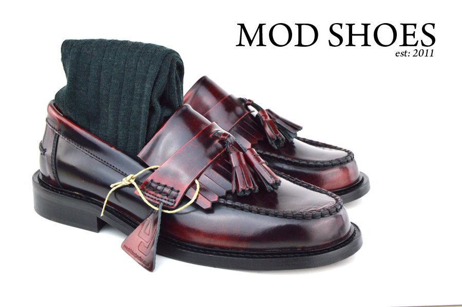 mod shoes Oxblood Tassel Loafers with dark green socks