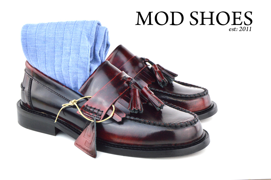 mod shoes Oxblood Tassel Loafers with light blue socks