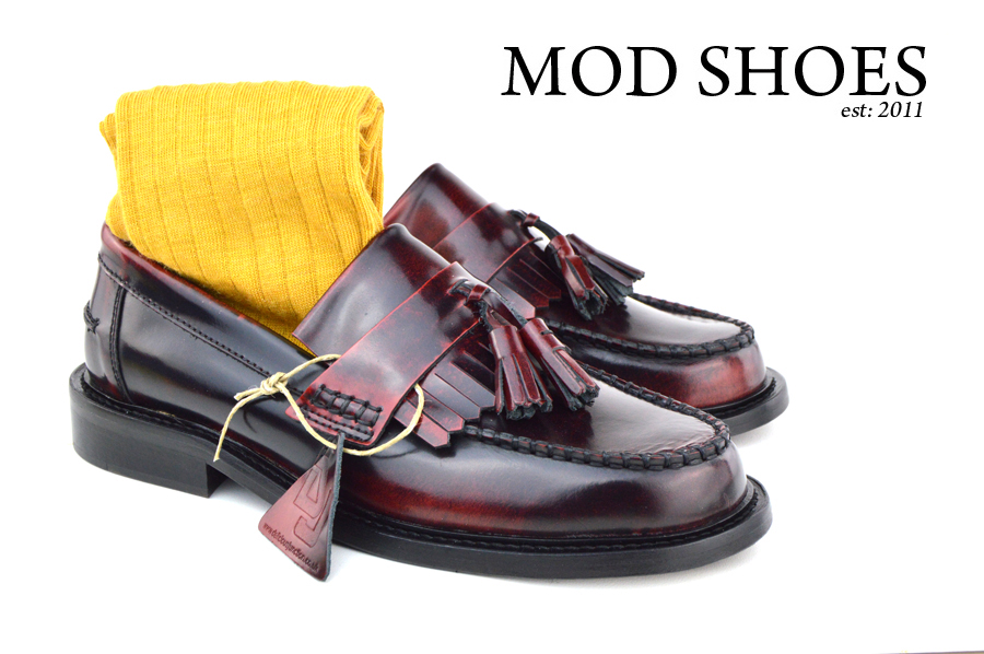 mod shoes Oxblood Tassel Loafers with mustard socks