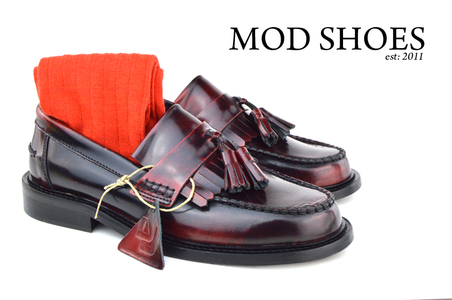 mod shoes Oxblood Tassel Loafers with red socks