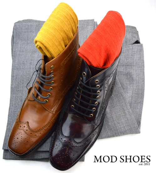 mod shoes landlside boots oxblood and tan with mustard and red socks