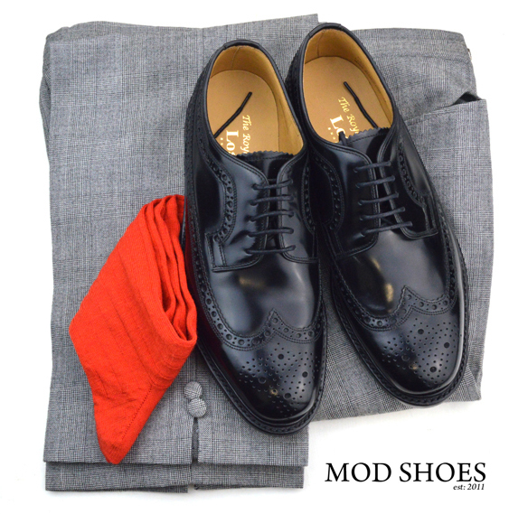 mod shoes loake black royals with prince of wales check trousers and red socks 2