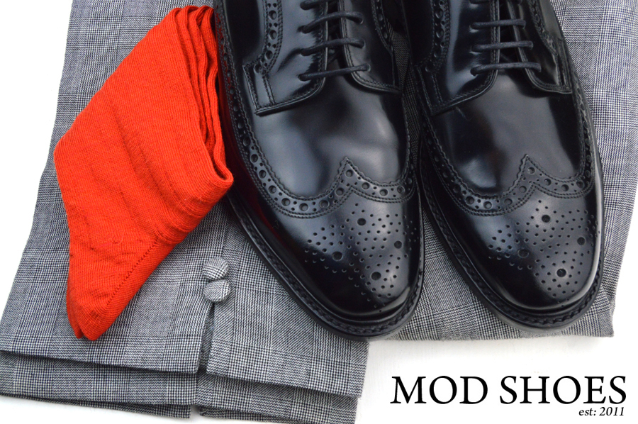 mod shoes loake black royals with prince of wales check trousers and red socks