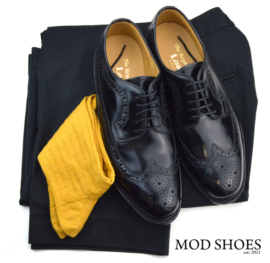 mod shoes loake royal black with black sta press and mustard colour socks