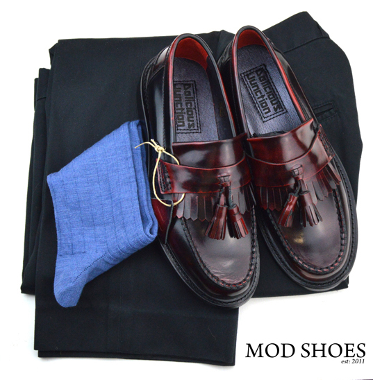 mod shoes rudeboy oxblood tassel loafer black sta press and blue socks