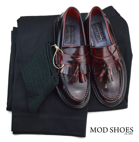 mod shoes rudeboy oxblood tassel loafer black sta press and dark green socks