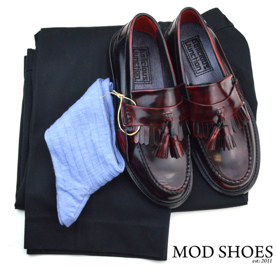 mod shoes rudeboy oxblood tassel loafer black sta press and light blue socks