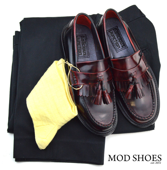 mod shoes rudeboy oxblood tassel loafer black sta press and light yellow socks