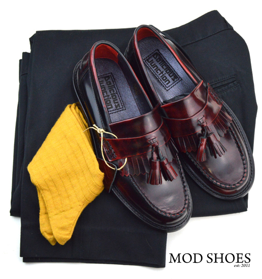 mod shoes rudeboy oxblood tassel loafer black sta press and mustard socks