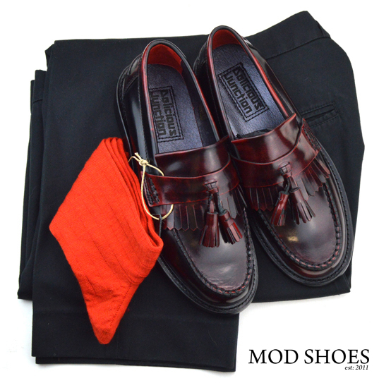 mod shoes rudeboy oxblood tassel loafer black sta press and red socks