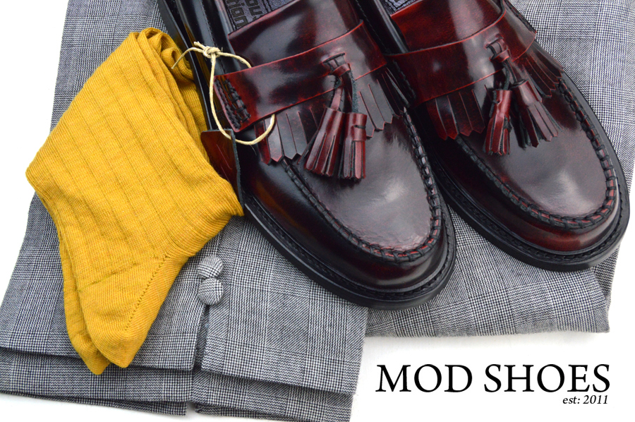 mod shoes rudeboy oxblood tassel loafer prince wales check trousers and mustard socks