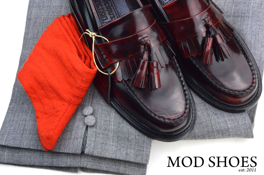 mod shoes rudeboy oxblood tassel loafer prince wales check trousers and red socks