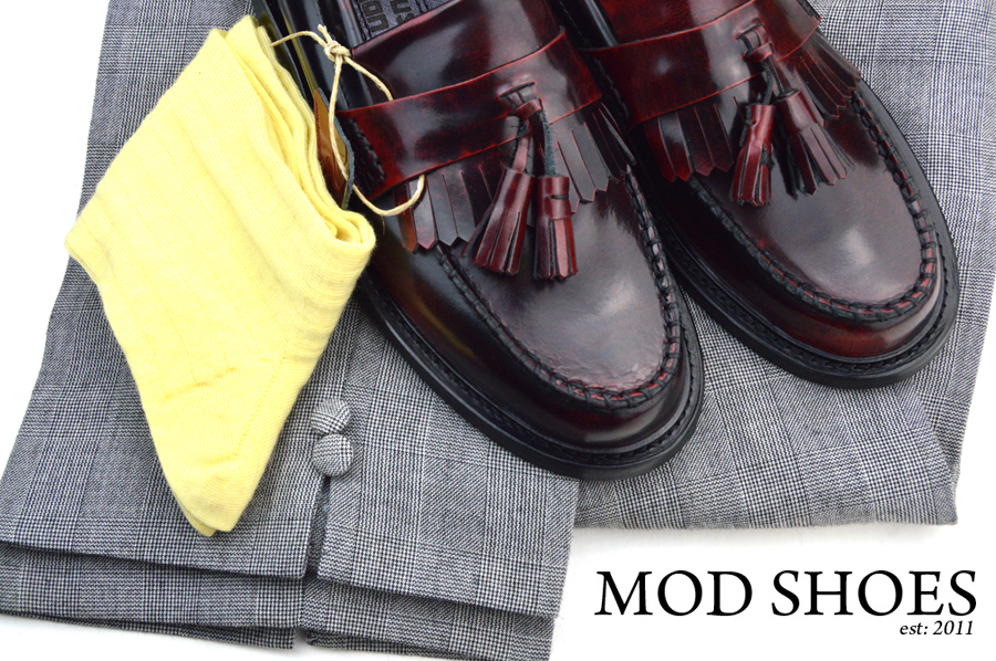 mod shoes rudeboy oxblood tassel loafer prince wales check trousers and yellow socks