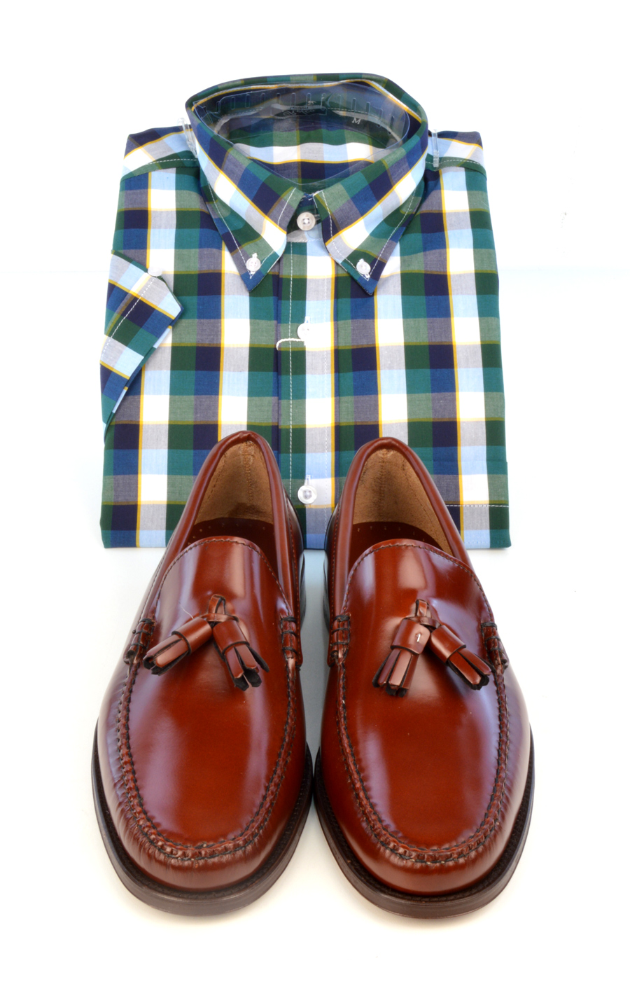 modshoes-chestnut-tassel-loafer-with-check-shirt