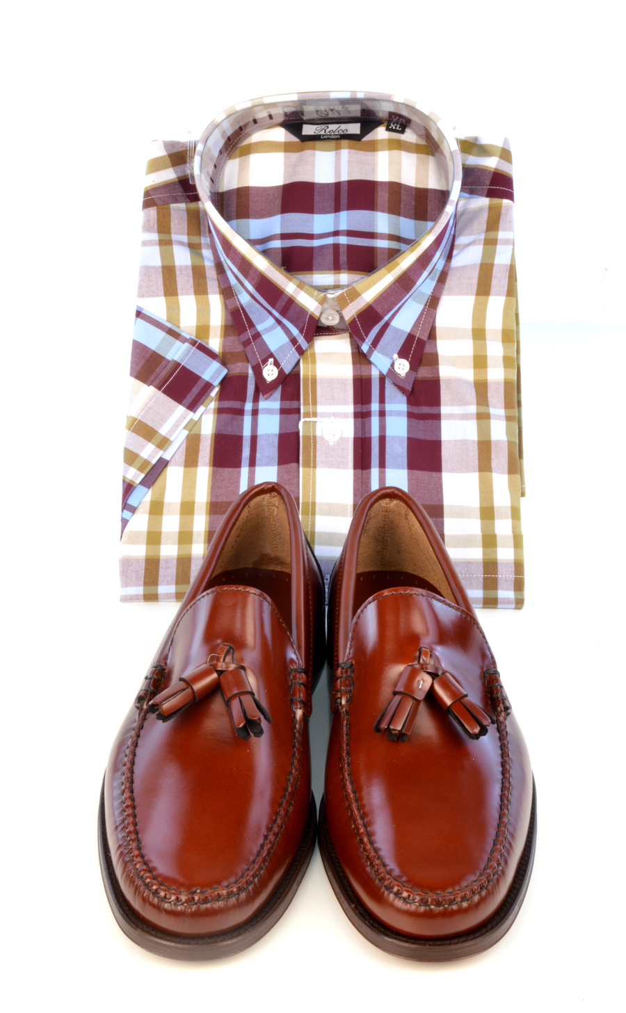 modshoes-chestnut-tassel-loafers-with-check-shirt