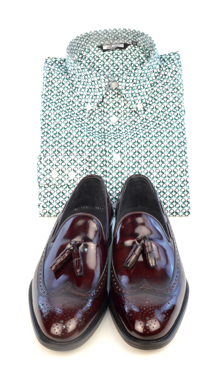 modshoes-oxblood-loafers-with-green-pattern-shirt