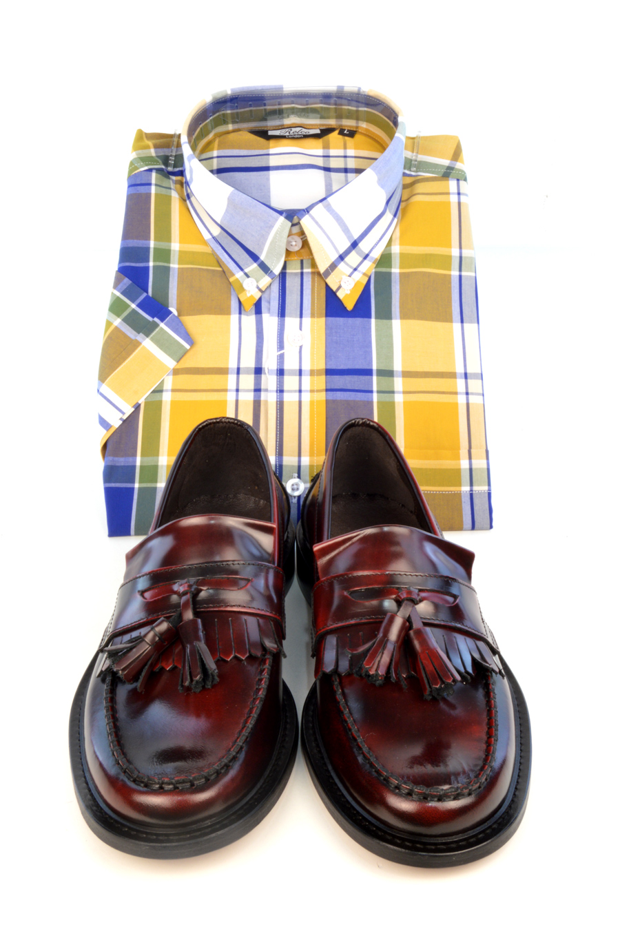 modshoes-oxblood-tassel-loafwers-with-ywllow-check-shirt