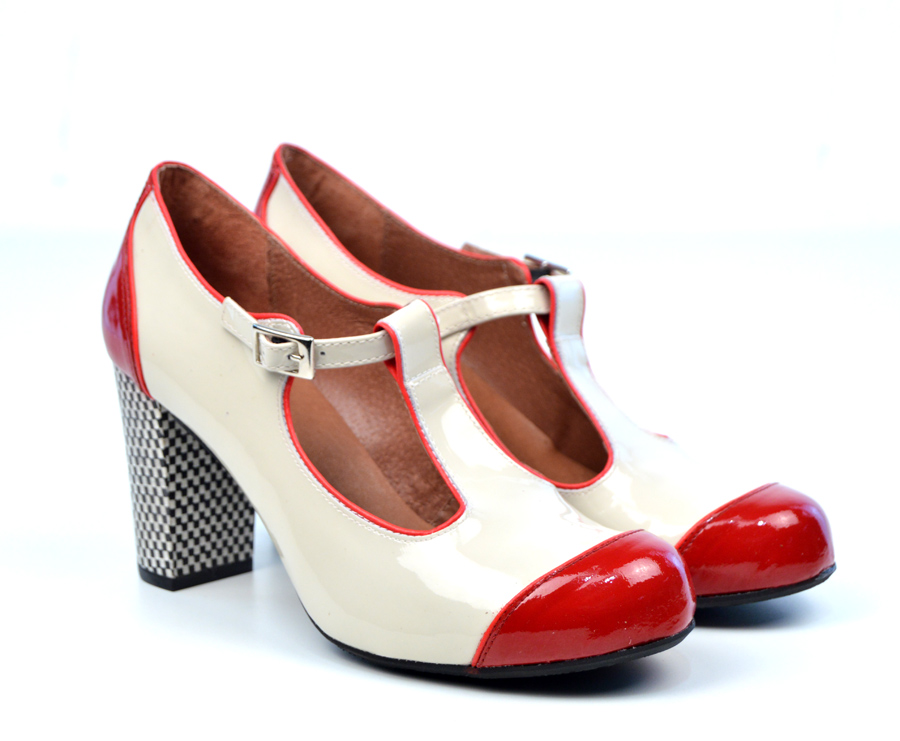 The Dusty In Cream & Red Patent Leather – Ladies Retro T-Bar Shoe by ...