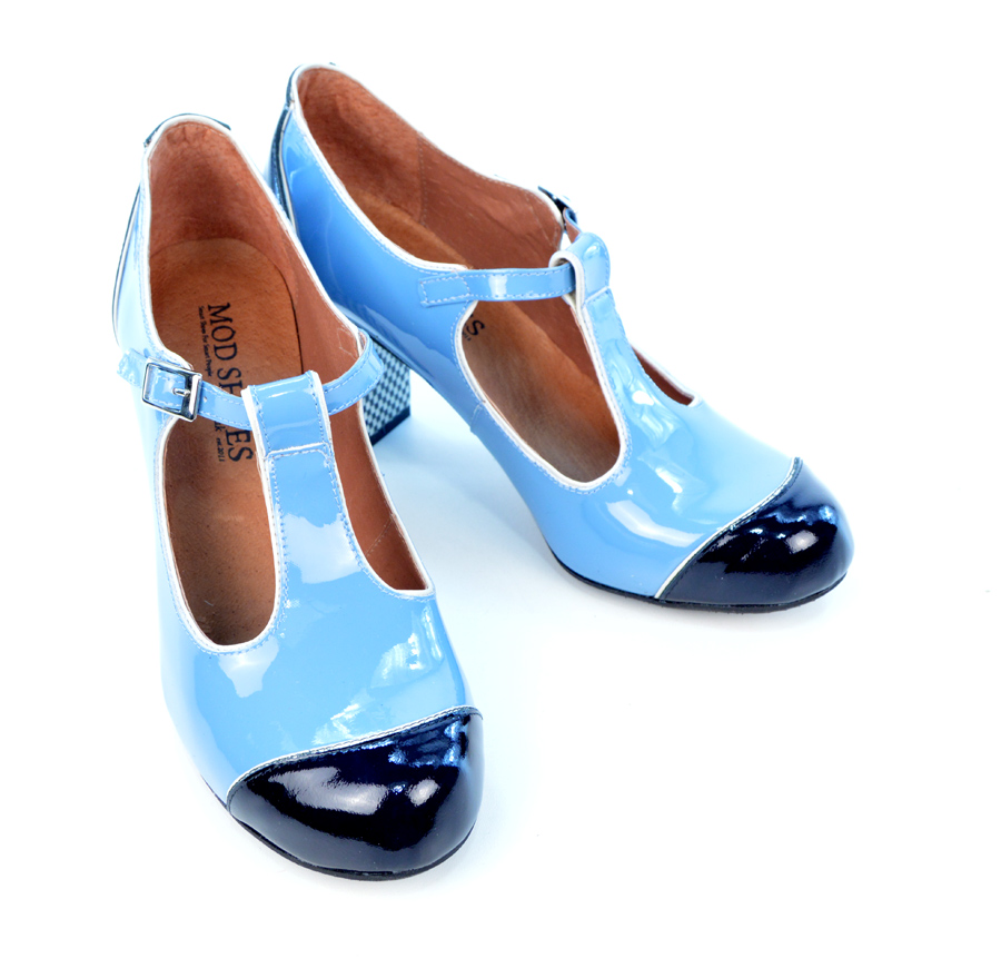 The Dusty In 2 Shades of Blue Patent Leather – Ladies Retro T-Bar Shoe ...
