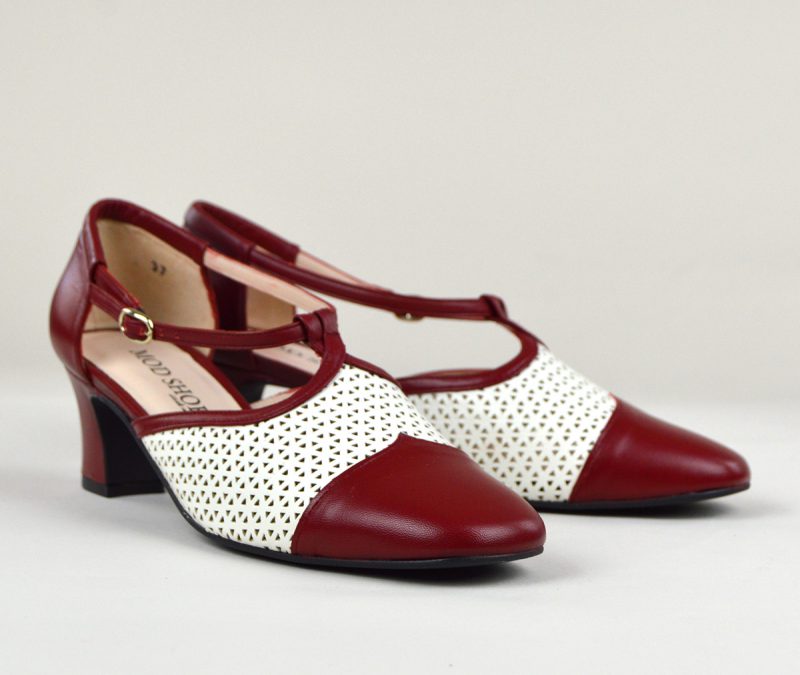 The Betty Burgundy & Cream Leather TBar Ladies Shoes By Modshoes