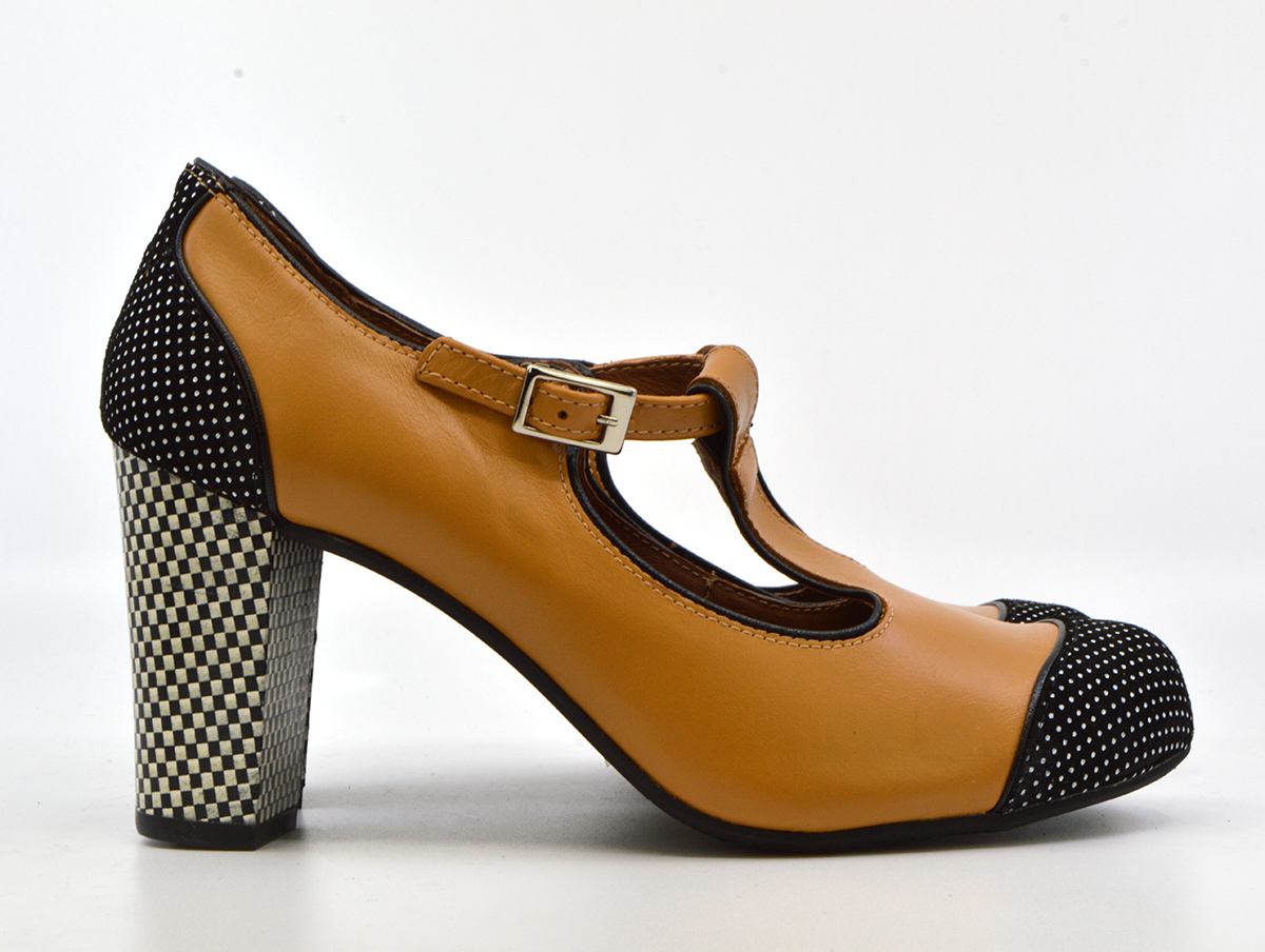 The Dusty In Spotted Black & Salted Caramel – Ladies Retro T-Bar Shoe ...