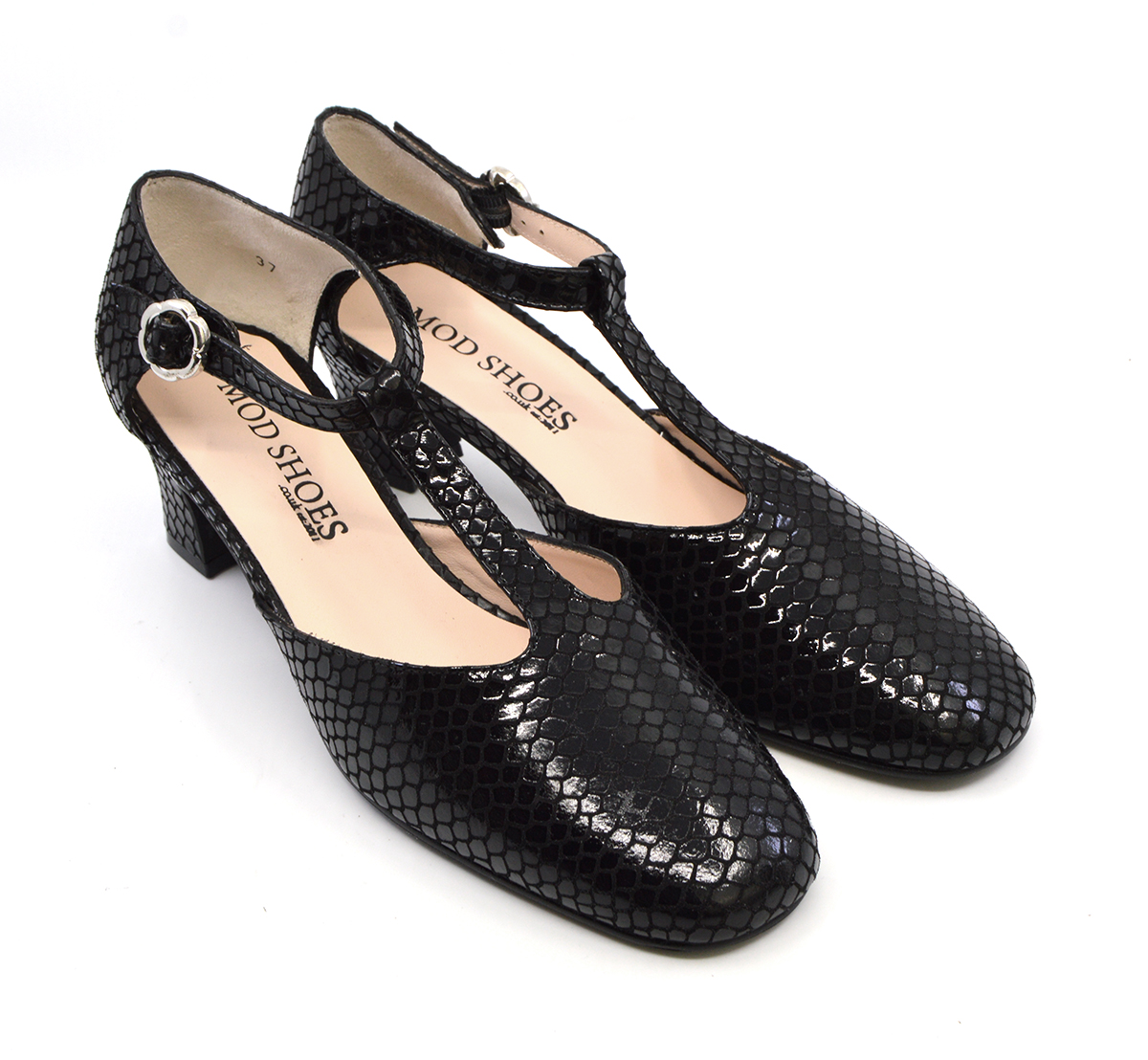 The Isadora in Black Pattern Leather Ladies TBar Shoe Mod Shoes