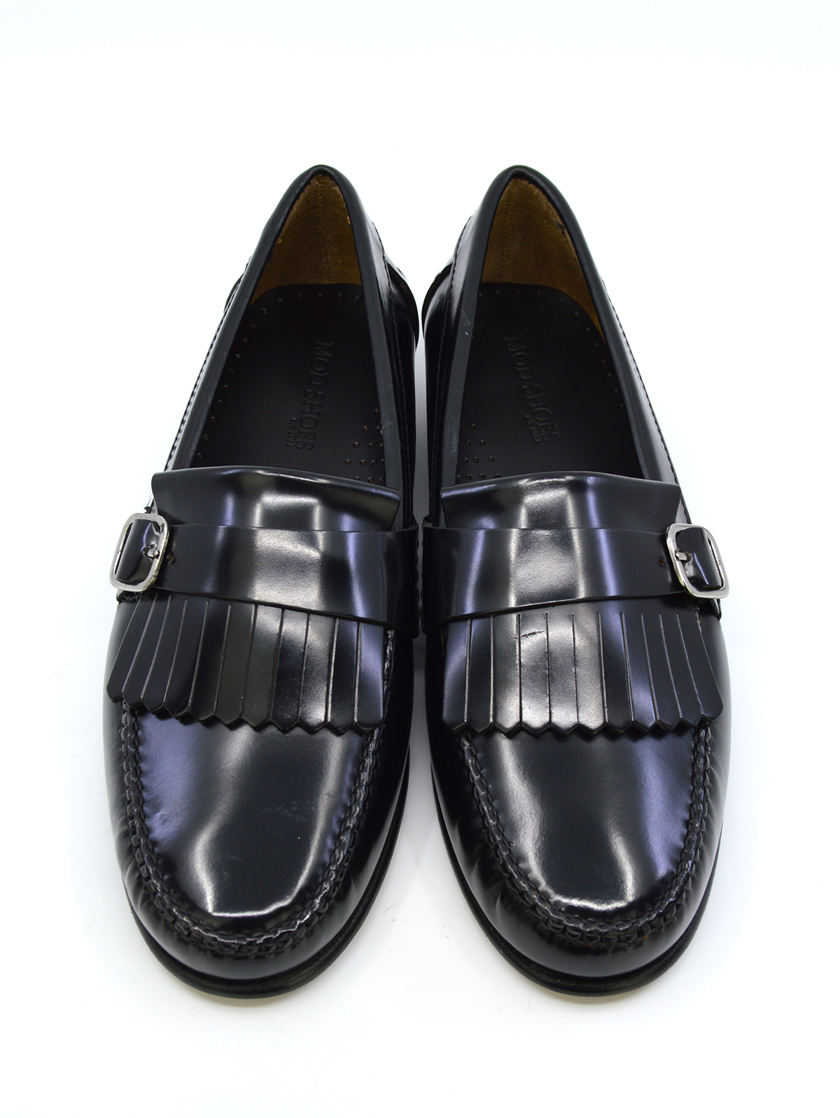 Office fisher chunky black deals leather fringed buckle loafers
