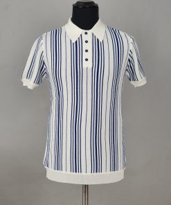 The Brunswick - In Ivory & Cobalt Blue Stripes Merino Wool Blend Knitwear Polo- by 66 Clothing