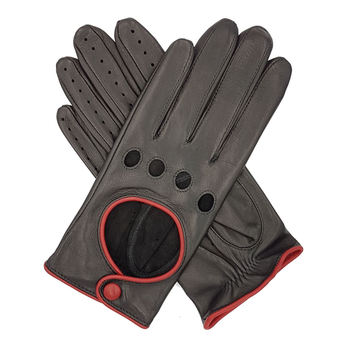 Ladies Leather Driving Gloves Black with Red Contrast Vintage Retro Style