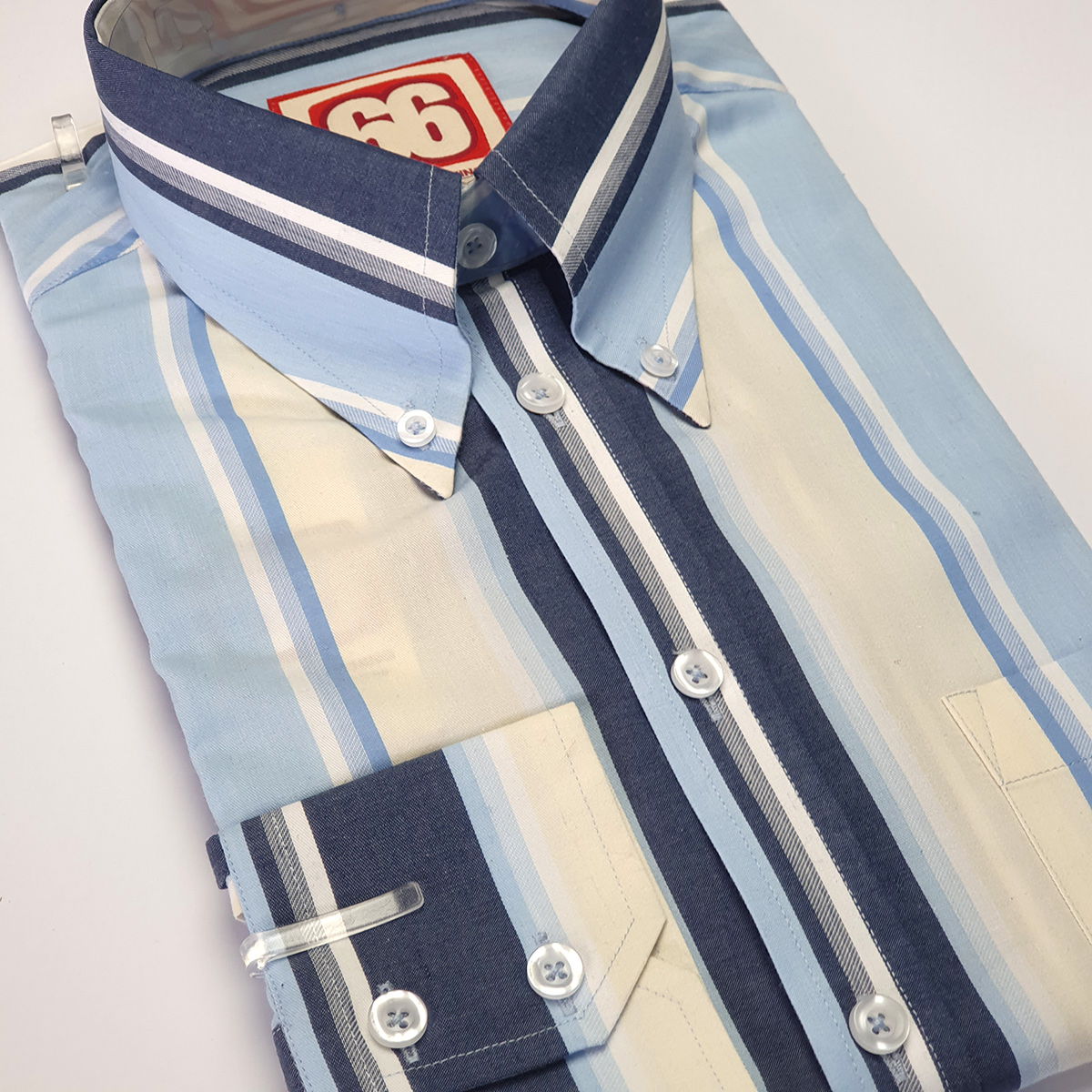 The Jackpot – Blue Cream Stripe High Collar Button Down Long Sleeve ...
