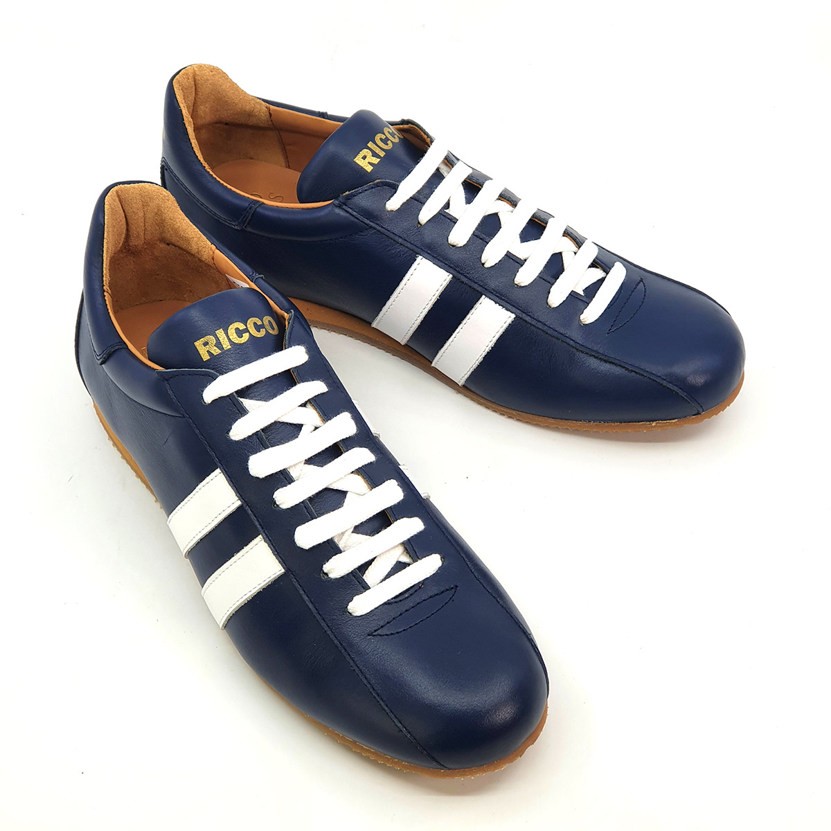 The Ricco in Blue Leather & White Stripe - Old School Trainers