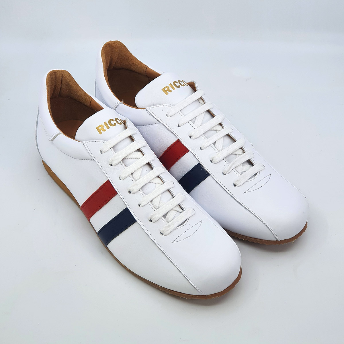 The Ricco In White Leather & Blue Red Strip – Old School Trainers – Mod ...