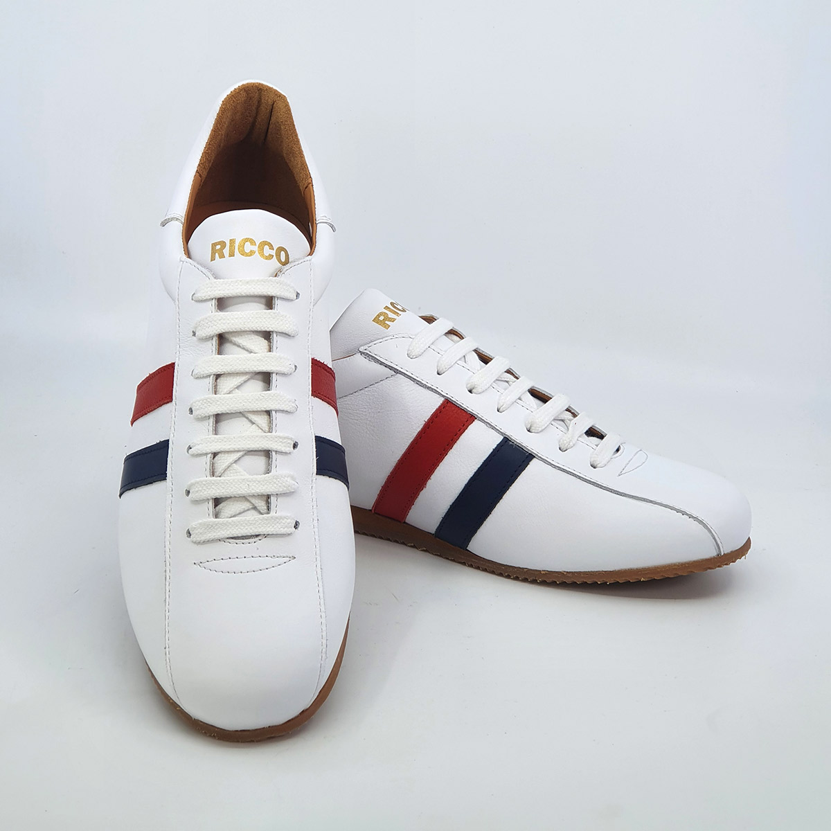 The Ricco in White Leather & Blue Red Strip - Old School Trainers