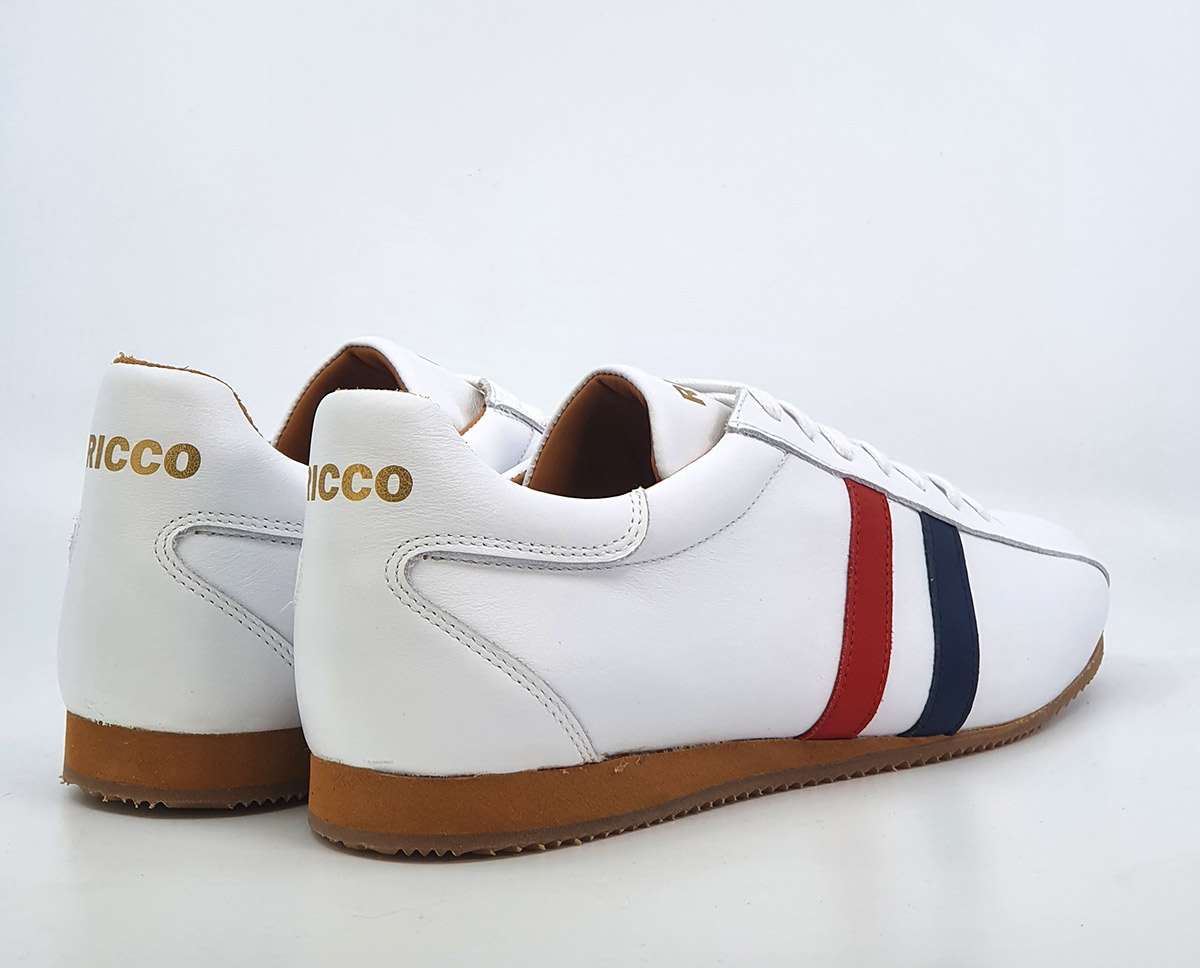 The Ricco in White Leather & Blue Red Strip - Old School Trainers