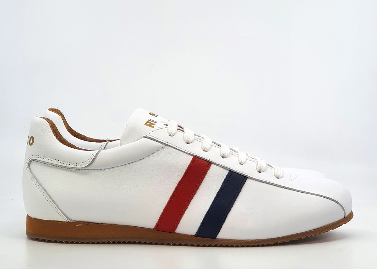 The Ricco in White Leather & Blue Red Strip - Old School Trainers