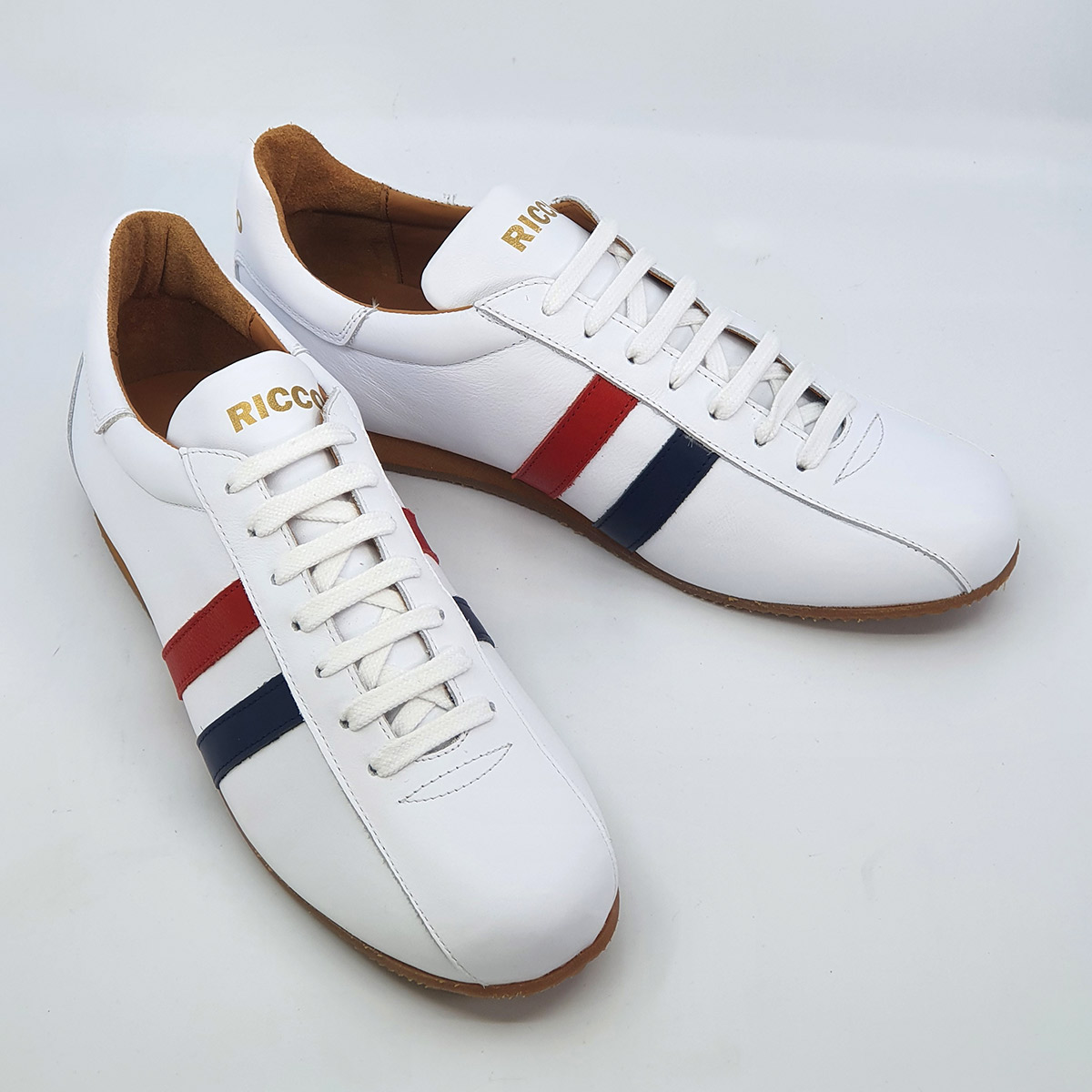 The Ricco in White Leather & Blue Red Strip - Old School Trainers