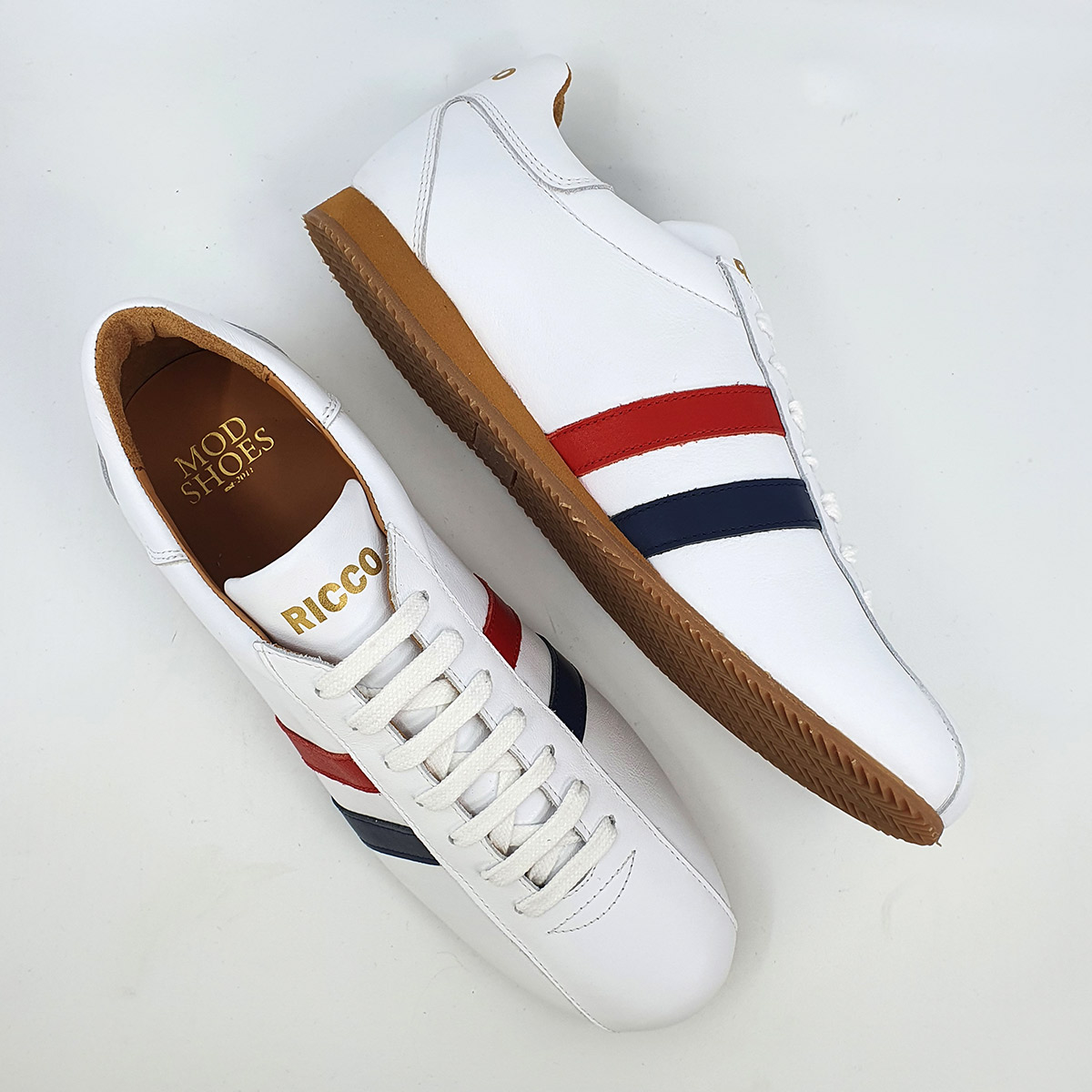 The Ricco In White Leather & Blue Red Strip – Old School Trainers – Mod ...