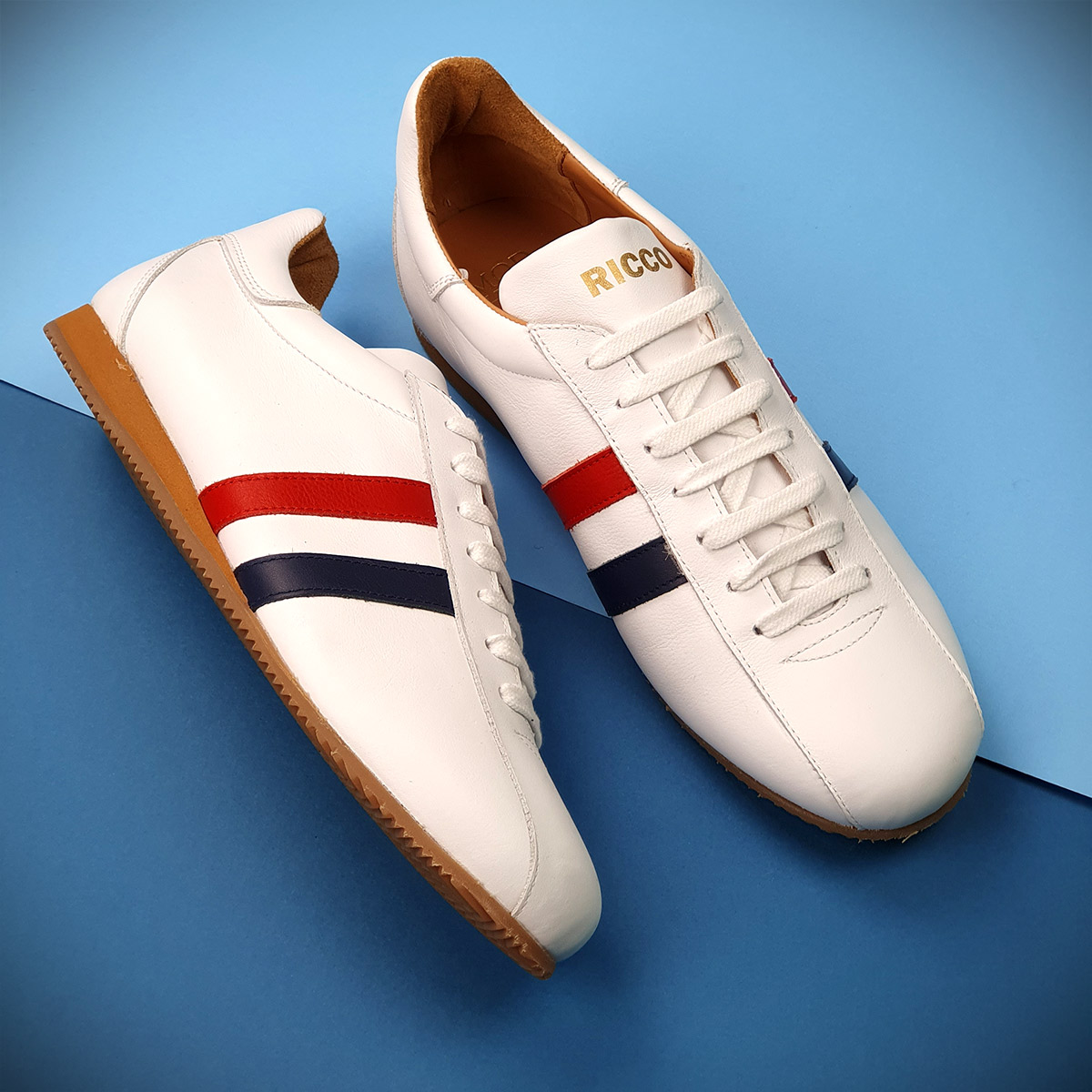 The Ricco In White Leather & Blue Red Strip – Old School Trainers – Mod ...