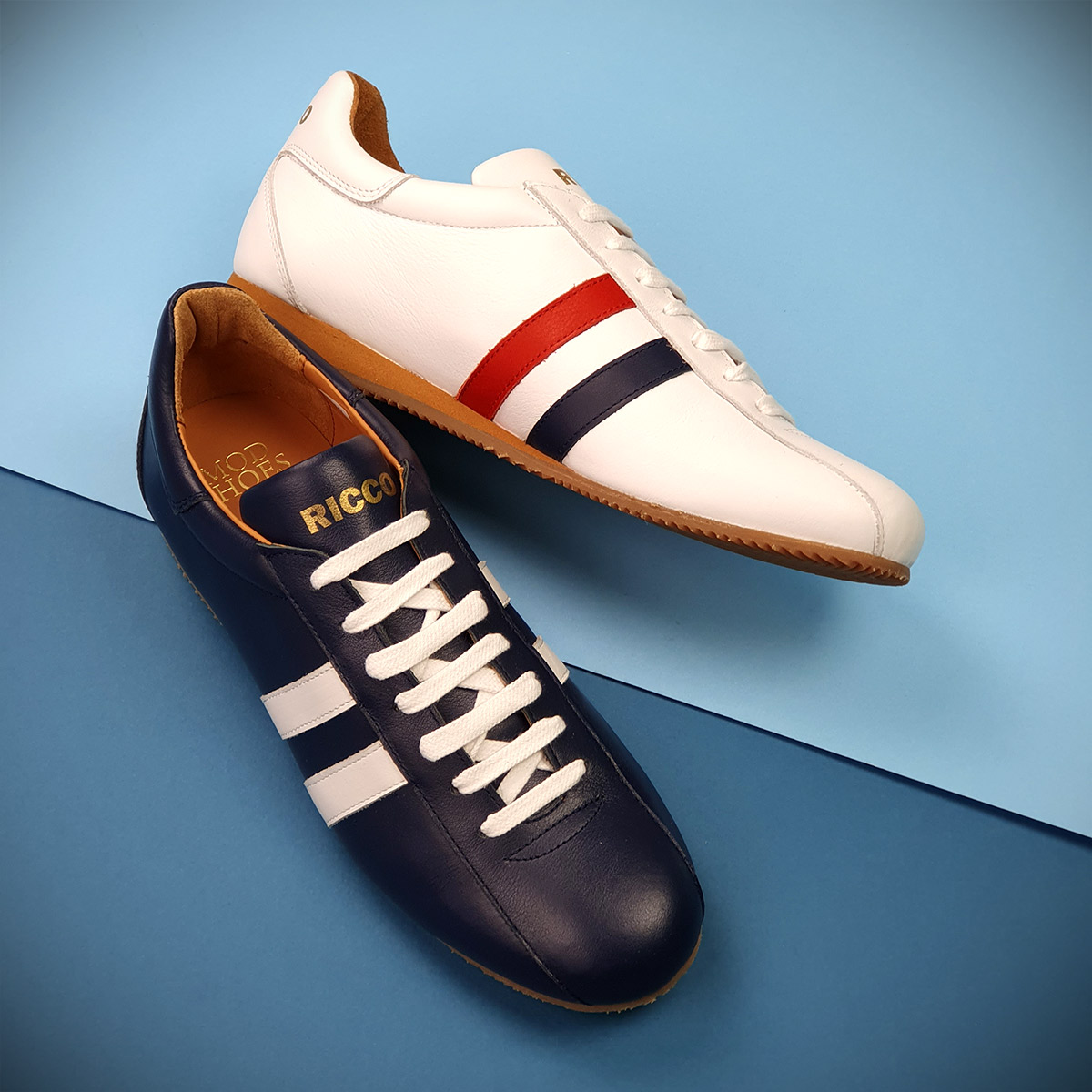 The Ricco In Blue Leather & White Stripe – Old School Trainers – Mod Shoes